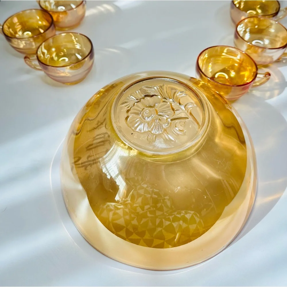 1950s Jeanette Glass Marigold Carnival Glass Egg Nog Punch Bowl and Cup Set
